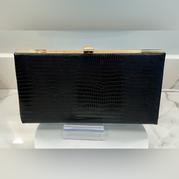 Vintage Ideal - Black Patent Leather, Lizard-Skin-Embossed Clutch/Purse EUC - Picture 14 of 17